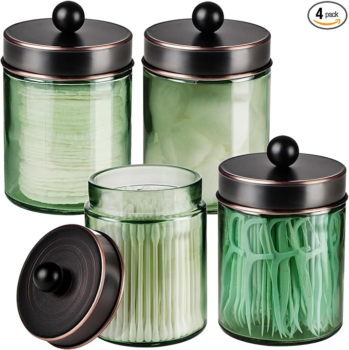 Amolliar Green Glass Qtip Holder Apothecary Jar, Bathroom Decor, ORB 4 Pack by Amolliar