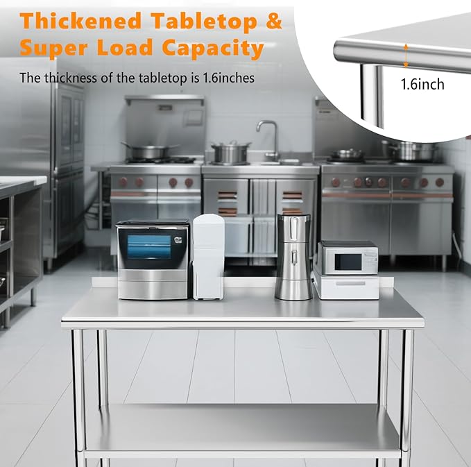 ROVSUN 48'' x 24'' Stainless Steel Table for Prep & Work,Commercial Worktables & Workstations, NSF Heavy Dut Metal Table with Adjustable UnderShelf & Backsplash for Kitchen,Restaurant,Home,Hotel