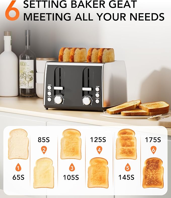 Toaster 4 Slice Retro Stainless Steel, 4 Slice Toaster with Extra Wide Slots with 6 Shade Settings, Toast Boost, Cancel Button, Perfect for Waffles, Bagels and More