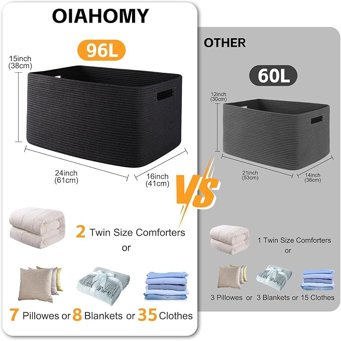 OIAHOMY 96L XXXLarge Blanket Basket Woven Cotton Rope Storage Basket Black - Image 3