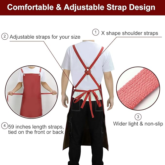 Waterproof Rubber Aprons for Women, Heavy Duty Vinyl Dishwasher Apron Adjustable Cross Back Strap for Dishwasher, Butcher, Dog Grooming, Chemical Resistant, 43" Long Thicker Apron Red