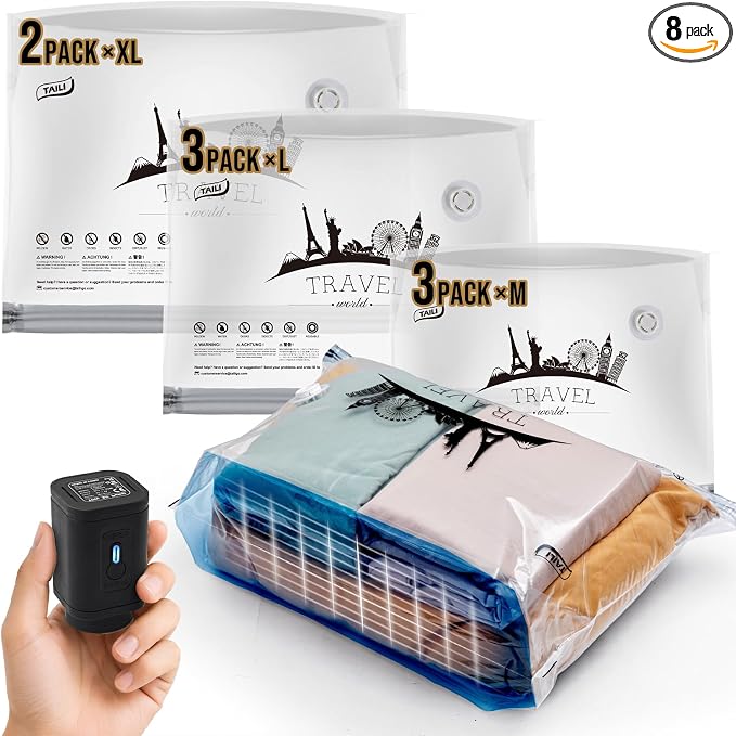 TAILI Vacuum Storage Bags with Electric Pump, 8 Pack | Vacuum Seal Bags by TAILI