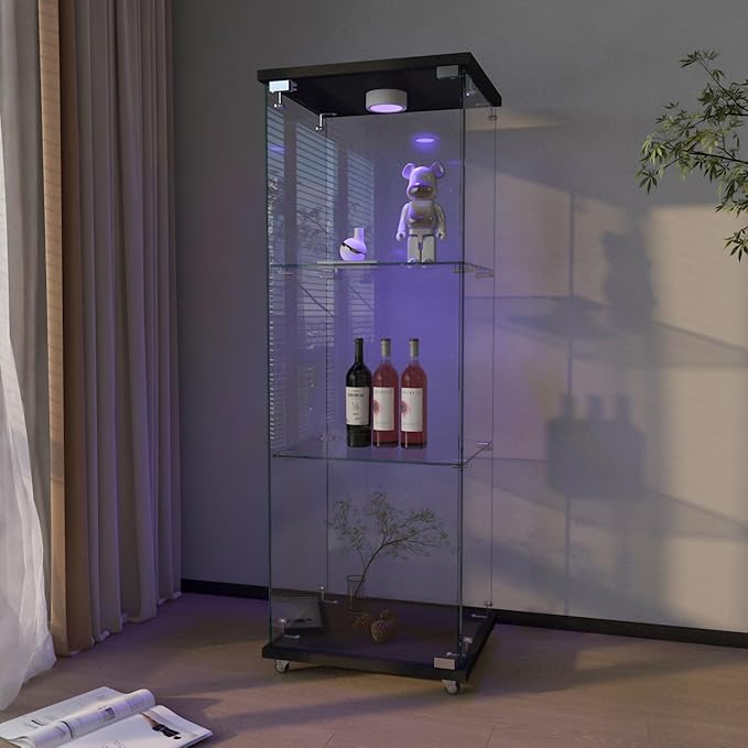 Yoluckea 3-Shelf Glass Display Cabinet with LED Lights, 1-Door Floor Standing Curio Cabinet with Universal Wheel for Home or Office, Black Glass Bookshelf for Collections, Decor, and Corner Display