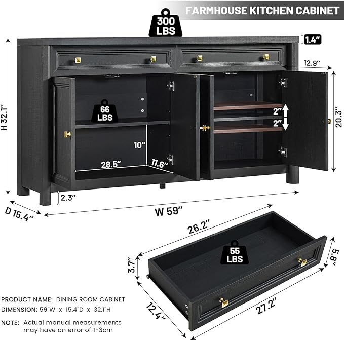 Farmhouse Buffet Cabinet, 59" Large Sideboard Buffet Credenza Storage with Shelves & 4 Doors, Rustic Wood Coffee Bar Console for Kitchen, Living Room, Black