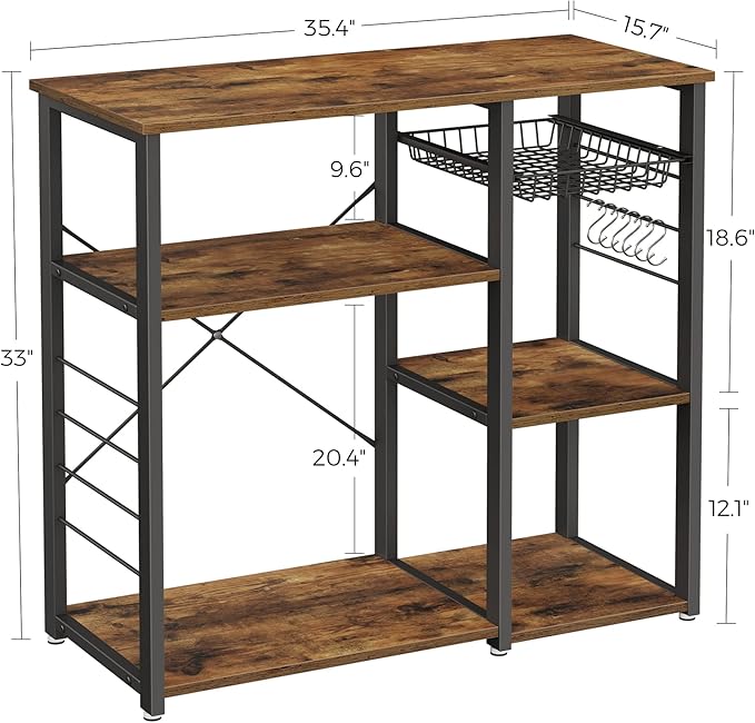 VASAGLE Baker's Rack, Coffee Bar Stand with Charging Station, 33 Inches Tall, Storage Shelves, Pull-Out Wire Basket, Table for Microwave, Kitchen, Rustic Brown and Ink Black UKKS90X