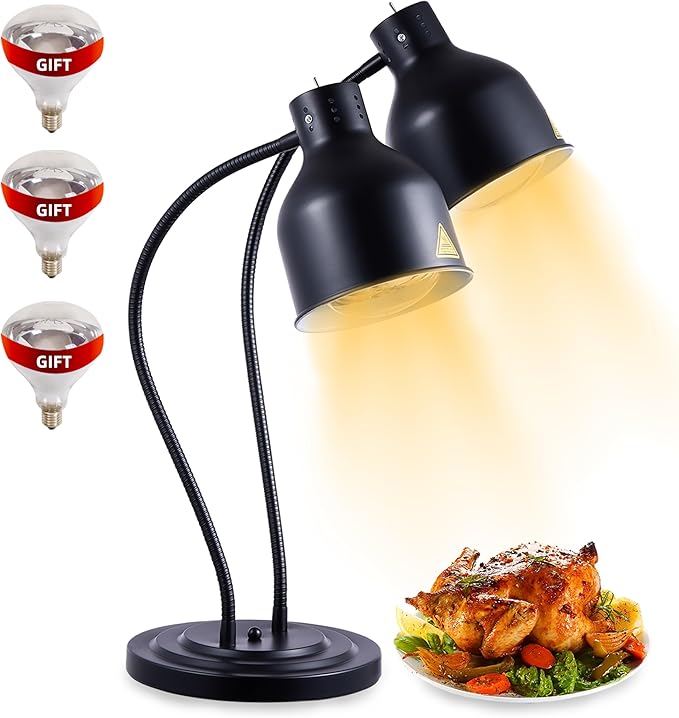Food Heat Lamp: [Rapid-Heating Bulbs Included] [Steady Heating] Commercial Food Warmer Lamp, Electric Heat Lamp for Food Catering Food Warming Lamp for Buffet Parties (Painted Black, 32" (2-Head))