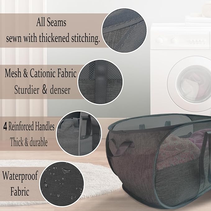 Extra Large Mesh Pop Up Laundry Hamper 2 Pack, 100L Collapsible Laundry Baskets - Image 3