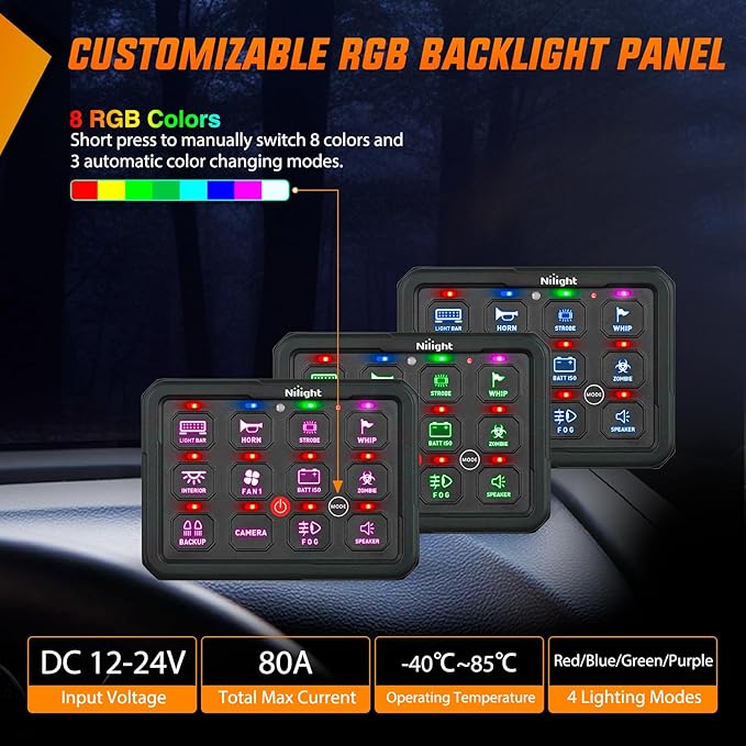 Nilight 12 Gang Switch Panel Circuit Control Relay System RGB Backlight Fuse Wiring Harness Toggle Momentary Strobe Flash Modes Automatic Dimmable 12V 24V for Car Truck Camper SUV