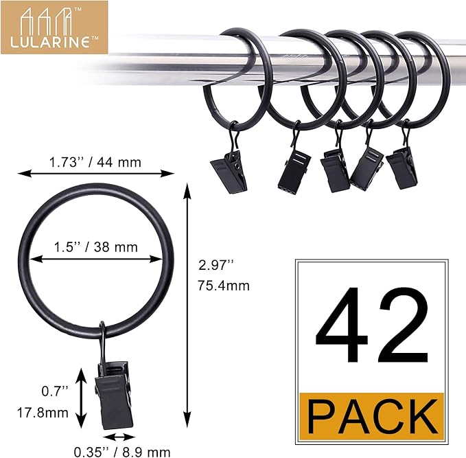 42 Pack Curtain Rings with Clips 1.5" Interior Diameter, Metal Drapery Clips - Image 2