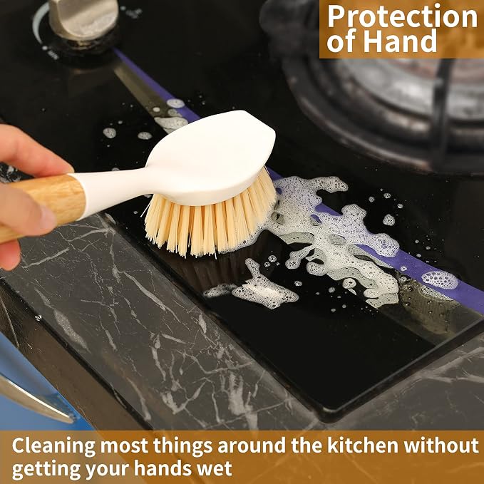 2 Pack Kitchen Dish Brush Bamboo Handle Dish Scrubber Built-in Scraper | Scrub - Image 8