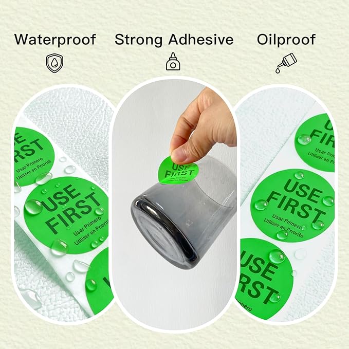 500 Pcs 1.5 Inch Use First Stickers Food Service Roll, Risepekt Green FIFO Label for Restaurant Inventory Control Management, Permanent Super Adhesive Food Circle Dot Labels, Trilingual Product Labels