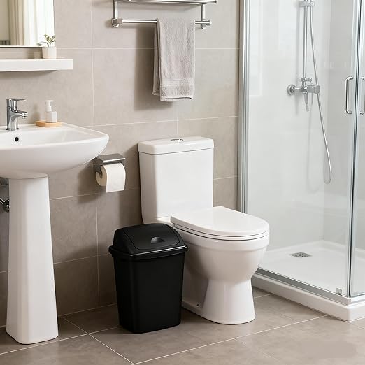 4 Pack 8 Gallon Medium Trash Can with Lid, Plastic Swing Top Garbage Can, Black Waste Bin Waste Basket for Bathroom, Kitchen, Bedroom, Office, College