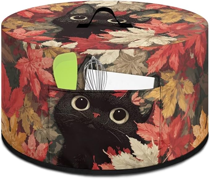 Black Cat Maple Leaf Print Slow Cooker Dust Cover Compatible with 6/7/8 Quart Slow Cooker Dust Proof Electric Slow Cooker Cover with Storage Pocket for Crock Pot Halloween Decor