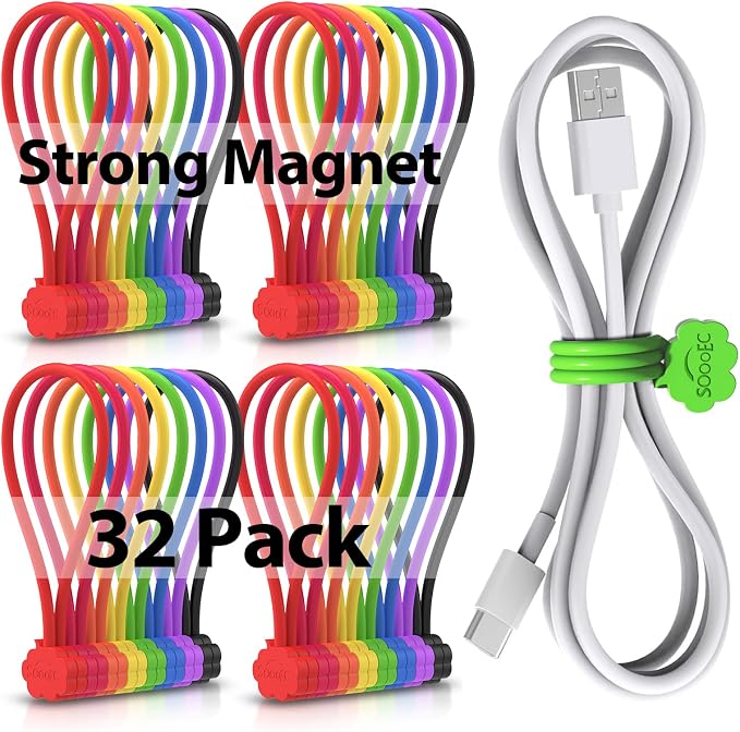 SOOOEC Magnetic Cable Ties 32 Pack, Cute Cloud 7.2" Silicone 8 Colors | Strong by SOOOEC