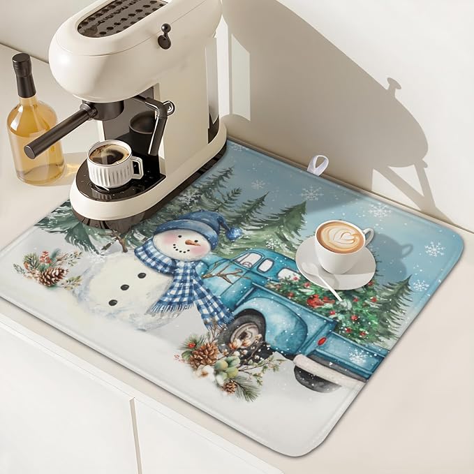 Giwawa Winter Snowman Blue Dish Drying Mat Xmas Truck Dishes Pad 16"x18" - Image 7