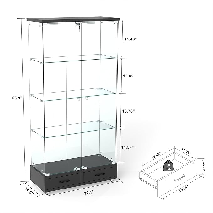 Yoluckea 4 Tier Glass Display Cabinet with LED Lighting and 2 Drawers, 2 Doors Floor Standing Curio Cabinet with Wheel for Home, Office, Corner Display, Black Glass Bookshelf for Collections and Decor