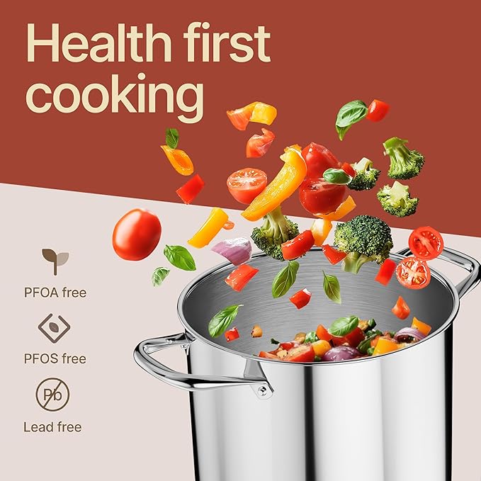 Stainless Steel Stockpot with Tempered Glass Lid 14 Quart, Durable 18/0 Stainless Steel, Impact-Bonded Base for Even Heating, Riveted Handles, Oven & All Stove Compatible, Safe Up To 500°F (260°C)