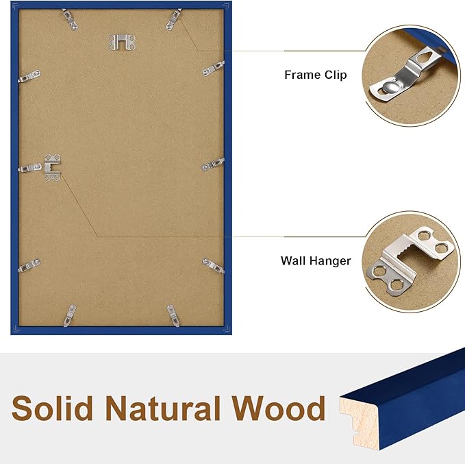Vittanly 11x17 Picture Frame, Solid Wood Frame with Plexiglass, Includes 8x12 Mat, Wall Hanging for Photos, Home Decor, Royal Blue, 1 Pack