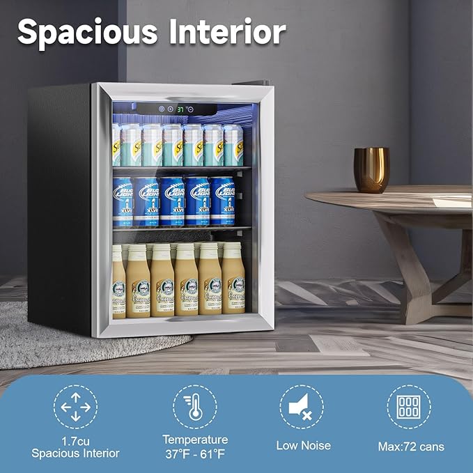 Stopasd Beverage Refrigerator Cooler, 1.7 Cu.Ft/76 Can Drink Fridge with Adjustable Shelves & Glass Door for Soda Wine Beer, Quiet Undercounter Small Fridge for Home/Office/Bar/Garage(37°-61℉), Black