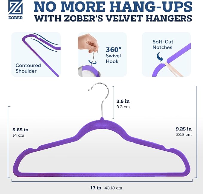 Zober Purple Velvet Hangers 50 Pack, Slim Non Slip Clothes Hangers | Slim - Image 3