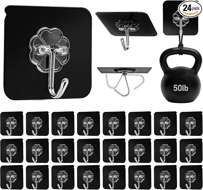 DDMY Black Adhesive Wall Hook for Hanging Heavy Duty Sticky Hooks 24 Pack | by DDMY