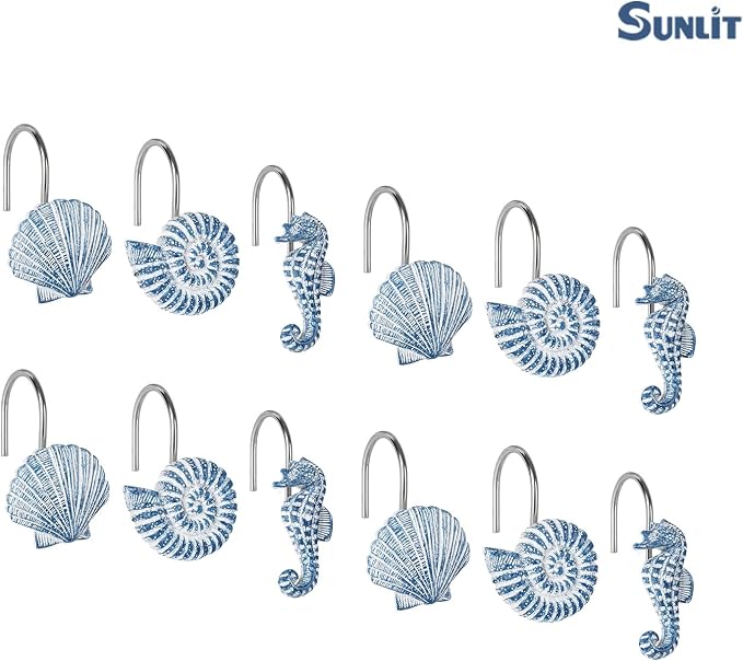 Sunlit Seashells Decorative Shower Curtain Hooks, Sky Blue Ocean Creatures - Image 2