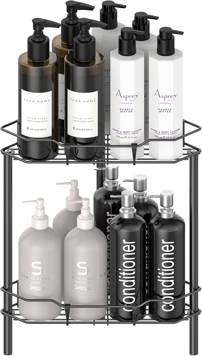 HuggieGems Metal Floor Standing Corner Shower Caddy, Matt Black, 2 Tier by HuggieGems
