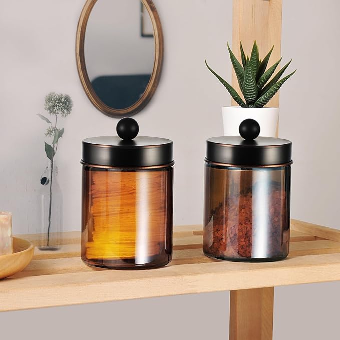 Amolliar Amber Glass Apothecary Jars Qtip Holder w/Metal Lids, ORB 2pc - Image 5