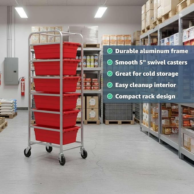 19"x26"x69" Mobile Aluminum Lug Rack with 6 Red Meat Lugs/Tote Boxes - NSF Heavy-Duty Commercial Portable Storage Cart with 5" Casters, 400 lb., Food Prep and Dishroom Durable Utility Rack