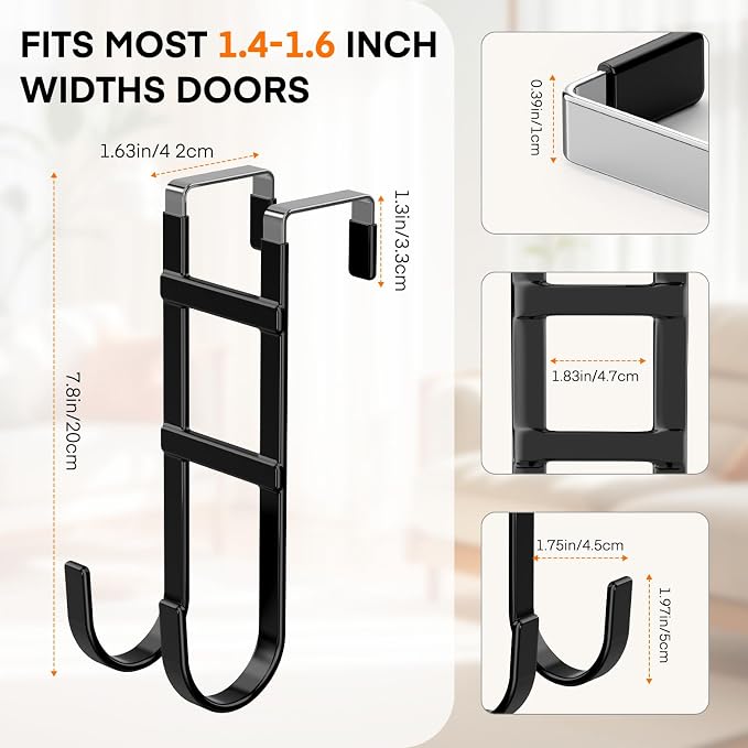 FYY Over the Door Hooks, Double-Hanger 4 Pack, Fits Doors 1.6" Black | Heavy - Image 2