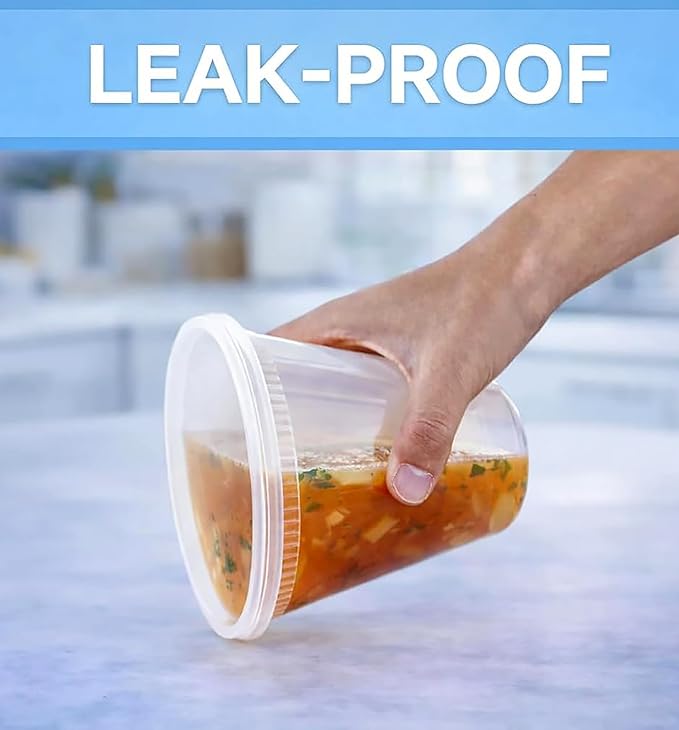 Plastic Food Storage Container with Lid, clean Round, 32 oz, Deli Container, Restaurant Grade. 24 SETS Microwave & Freezer Safe BPA-free Leakproof Meal Prep Soup Containers,