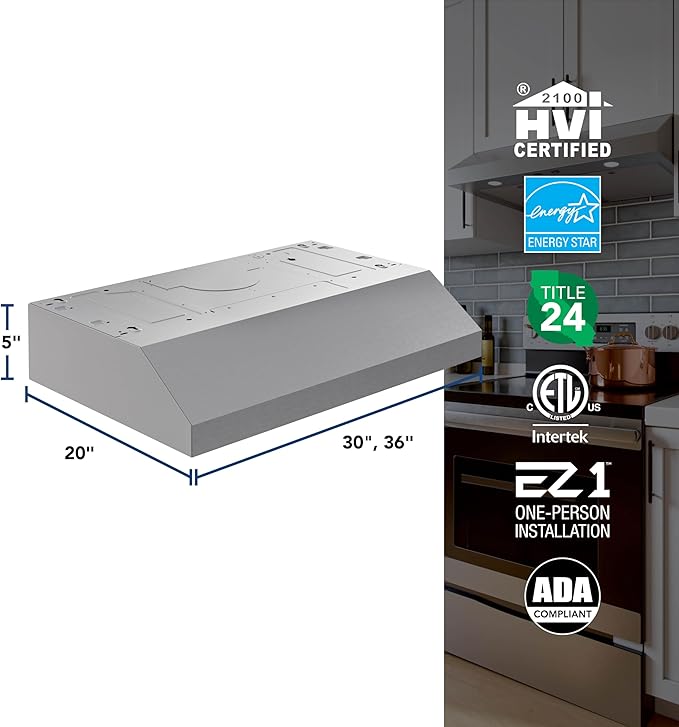 Broan-NuTone Luxury Modern 36-Inch 350 MAX Blower CFM 1.5 Sones Stainless Steel Range Hood