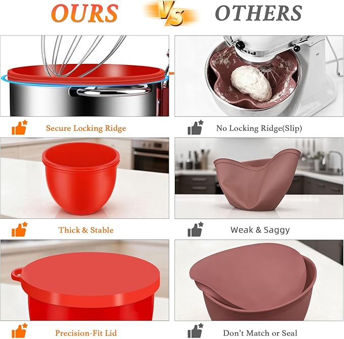 3Pcs Upgraded Silicone Mixing Bowl Liners for Kitchen Aid Tilt-Head 5QT Stand Mixers, Thickened Food-Grade Inserts, Non-Slip Silicone Mixing Bowl Liners, Dishwasher-Safe for Baking & Cooking