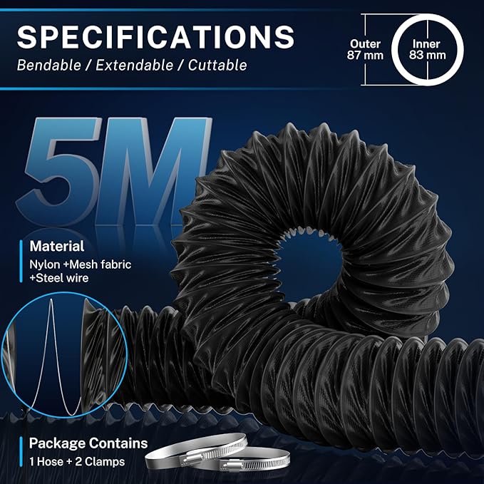 Hon&Guan Diesel Heater Ducting 3" x 16FT, Nylon Flexible Duct Hose, Heavy Duty Hose for Diesel Heater, 3D Printer, Laser Machine, Dryer Vent, RV, Boat Blower, Black