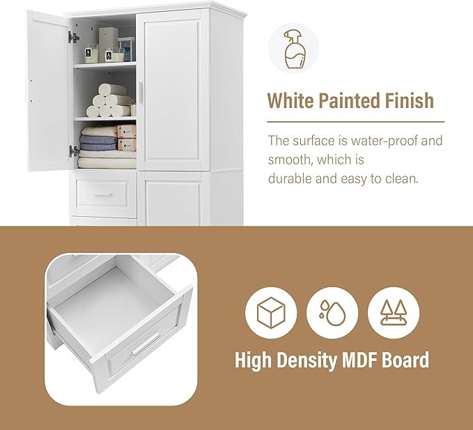 Storage Cabinet with Three Drawers and Doors, Wide Pantry Cupboard for Kitchen, Living Room and Bathroom, Adjustable Shelf, White