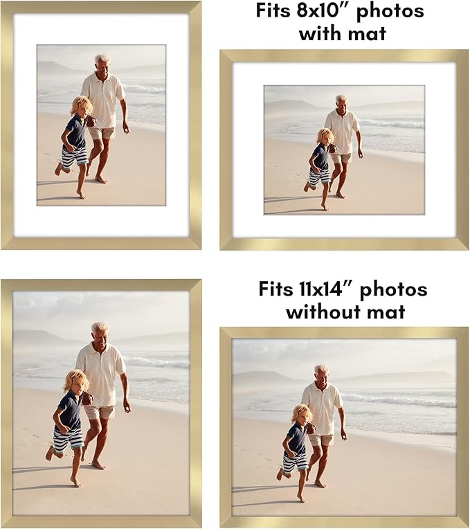 Americanflat 11x14 Picture Frame with Polished Plexiglass - Set of 5 - Use as 8x10 Frame with Mat or Display 11x14 Photo Without Mat - Galleria Collection - Picture Frames for Wall Display - Gold