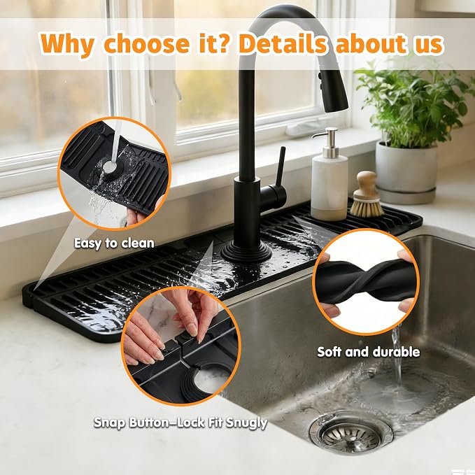 Silicone Faucet Mat for Kitchen Sink, fits kitchen & bathroom sinks; food-grade - Image 4