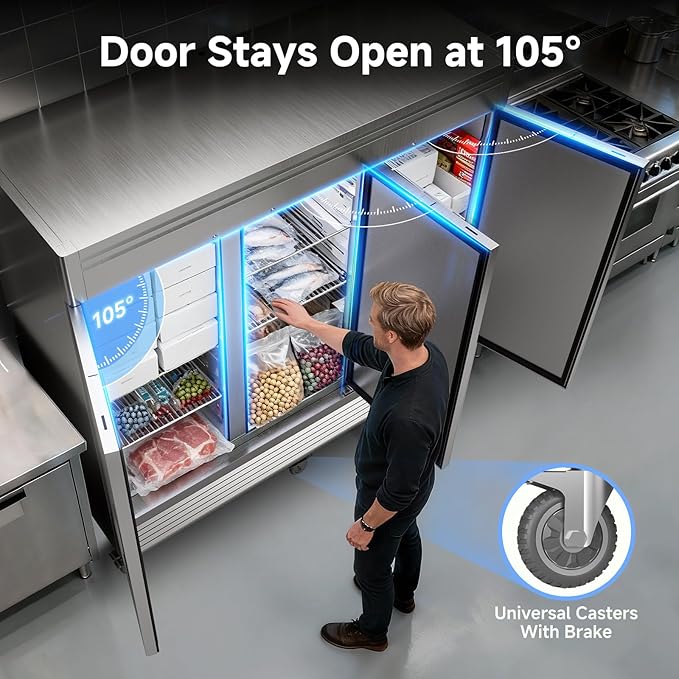 Coolake 82" Width Commercial Freezer 3 Solid Doors, 72 Cu.ft Stainless Steel Reach-in Upright Freezer with LED Lighting, Fan Cooling Freezer for Restaurant Bar Shop Hotel Kitchen Prep Area