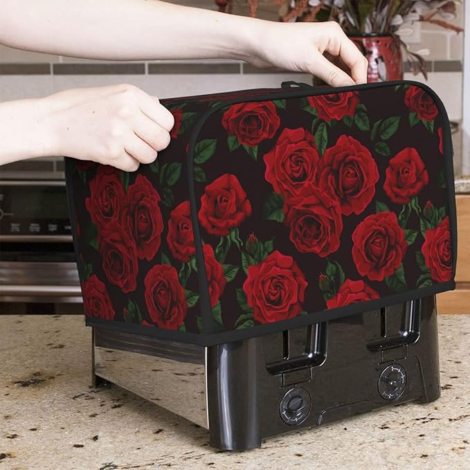 Red Black Rose Flower 2 Slice Toaster Cover, Waterproof Toaster Dust Cover Bread Maker Protective For Small Kitchen Appliance Dining Room Home Table Decor Gifts