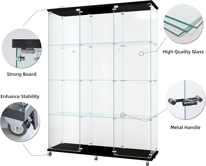 Yoluckea 4 Shelves Glass Display Cabinet Extra Large, Floor Standing Clear Glass Curio Cabinet Collection Display Case for Living Room Bedroom 66.14” x 47.64” x 14.57” Black