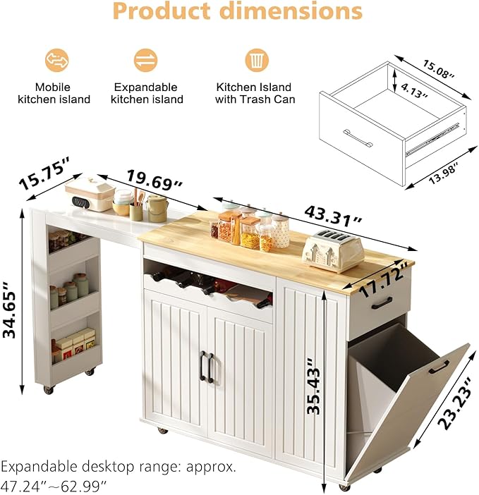 Modern Rolling Kitchen Islands with Extendable Dining Table, Hidden Trash Can Storage, Mobile Island Cart on Wheels with Storage for 2,Rubberwood Top,Storage Cabinet, Drawers & Wine rack,White
