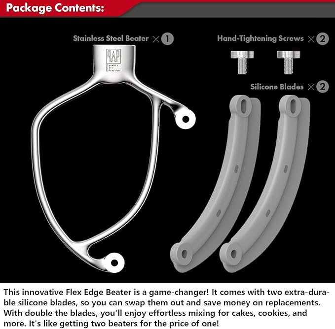 Flex Edge Beater Pro FEB6G for KitchenAid Bowl-Lift Stand Mixers With 6QT Glass Bowl- Stainless Steel Flat Beater with Replaceable Silicone Edges.