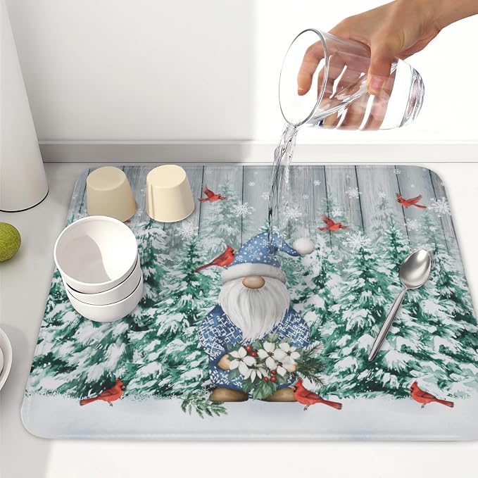 Giwawa Winter Gnome Dish Drying Mat Pine Tree Dishes Pad 16"x18" Microfiber - Image 6