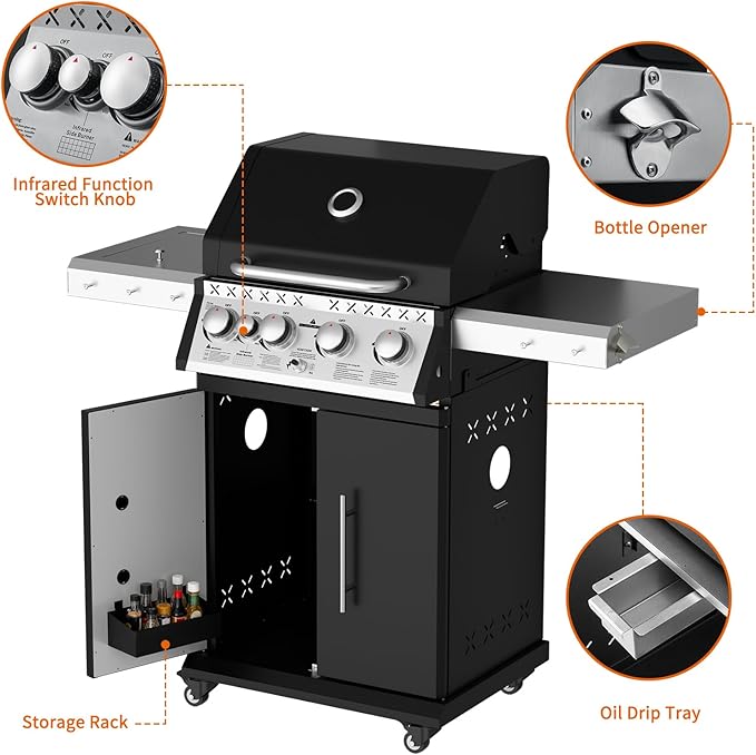 SKOK 4+1 Burners Gas Grill with Infrared Side Burners, Outdoor BBQ Grill with Cast Iron Grates, Barbecue Grill with Wheels, 60,000BTU Output