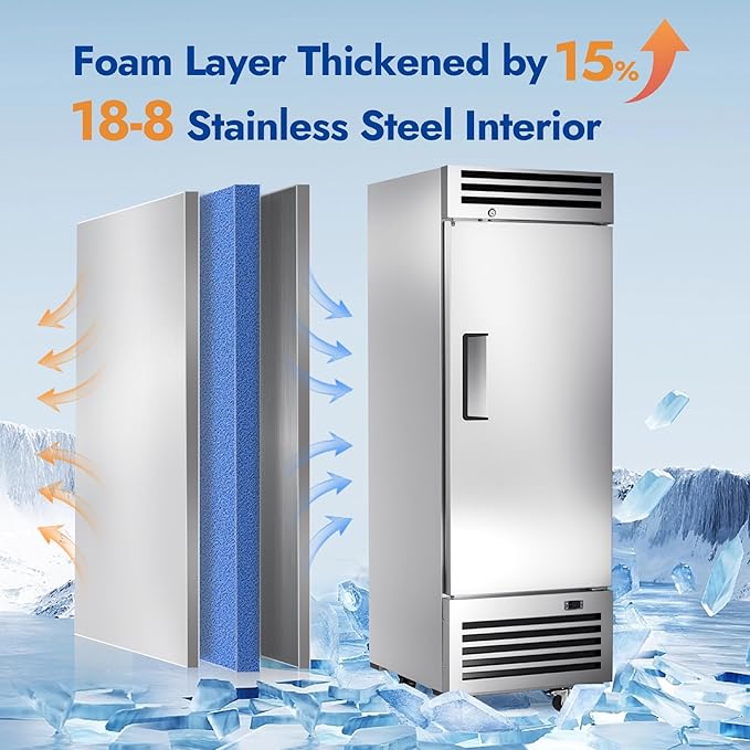 HECMAC 27" Commercial Refrigerator, 23 Cu.ft Reach-In Upright Fridge with Solid Door, 33~40℉, 18-8 Stainless Steel Interior, 3 Shelves, ETL&NSF/ANSI 7 for Restaurant, Bar, Shop, Kitchen Use