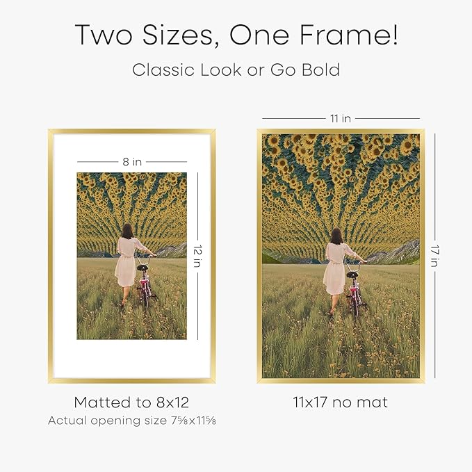 Homeforia 11x17 Picture Frame Gold, High End Metal 11x17 Poster Frames with Mat 8x12 for Photo, 11 x 17 Gold Frame Matted to 8 by 12 Print, 17x11 Thin Hanging Frame, Tempered Glass, Wall Kit, Set of 3