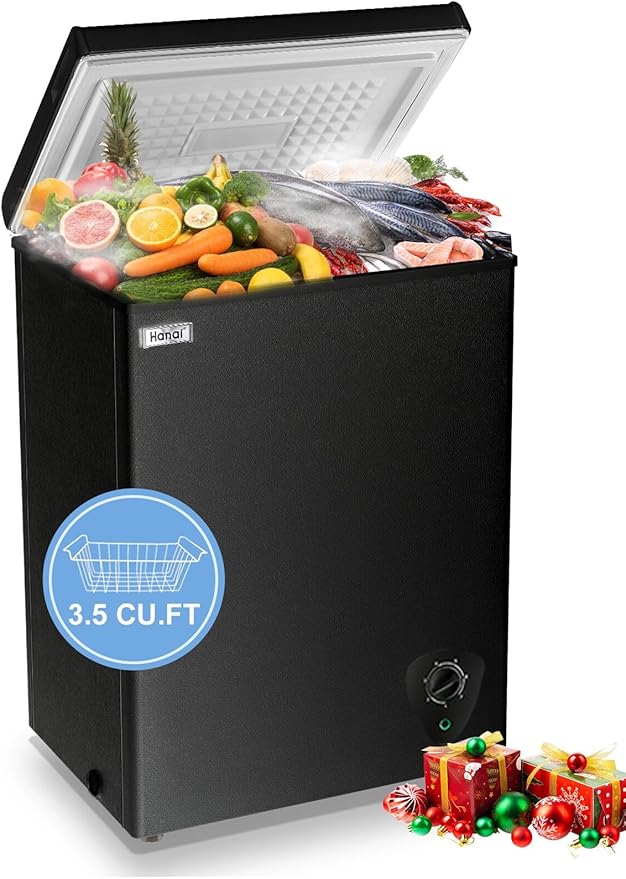 Chest Freezer 3.5 Cu.Ft Black Small Deep Freezer with Adjustable Temperature Control for Basement Apartment Kitchen Business