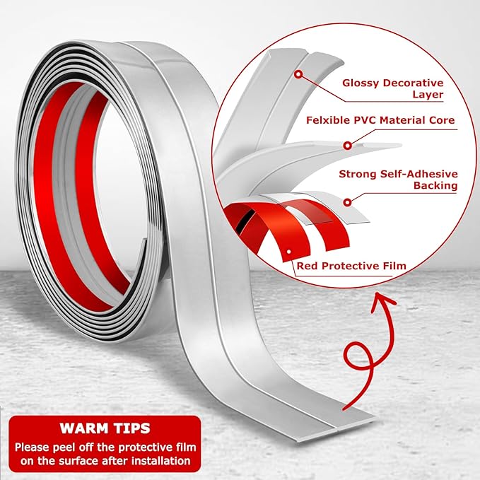 Flexible Wall Corner Protector Moulding Trim Peel and Stick Wall Corner Guards Edge Protector Self Adhesive Molding Trim Strip for Edge Ceiling (Silver, 1.6 in x 20 Ft)