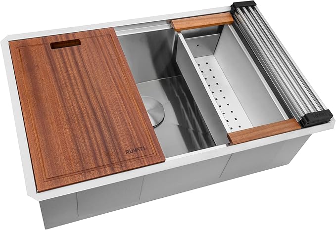 Ruvati 28-inch Undermount 16 Gauge Stainless Steel Workstation Kitchen Sink Single Bowl – Soundproof Multifunction Chef Sink with Cutting Board & Accessories, Brushed Finish Hides Scratches – RVH8309