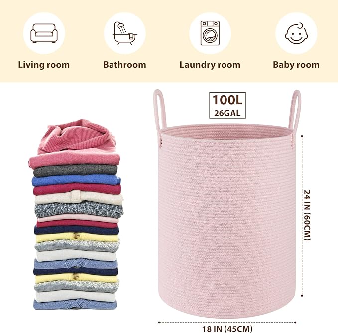 OIAHOMY 100L Nursery Hamper Laundry Basket Laundry Hamper Pink - Image 2